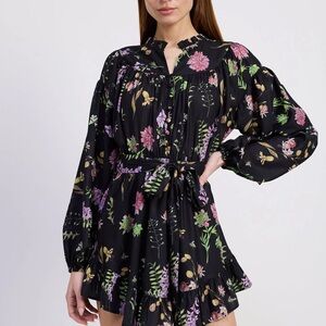 En Saison Black Floral Tie-Waist Long Sleeve Ruffle Hem Mini Dress